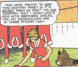 Annie does laundry and philosophy. Yes, all her dresses are red and in the same style. Art by Harold Gray.